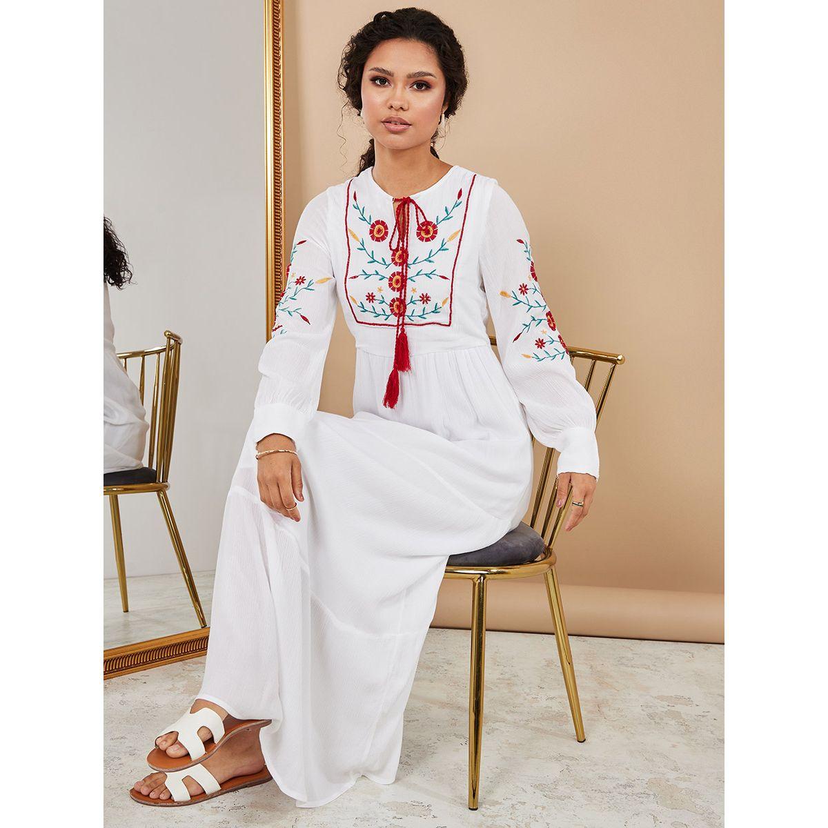 Styli Long Sleeves Embroidered Floral Detail Tiered Maxi Dress-women-clothing-dresses-image-1