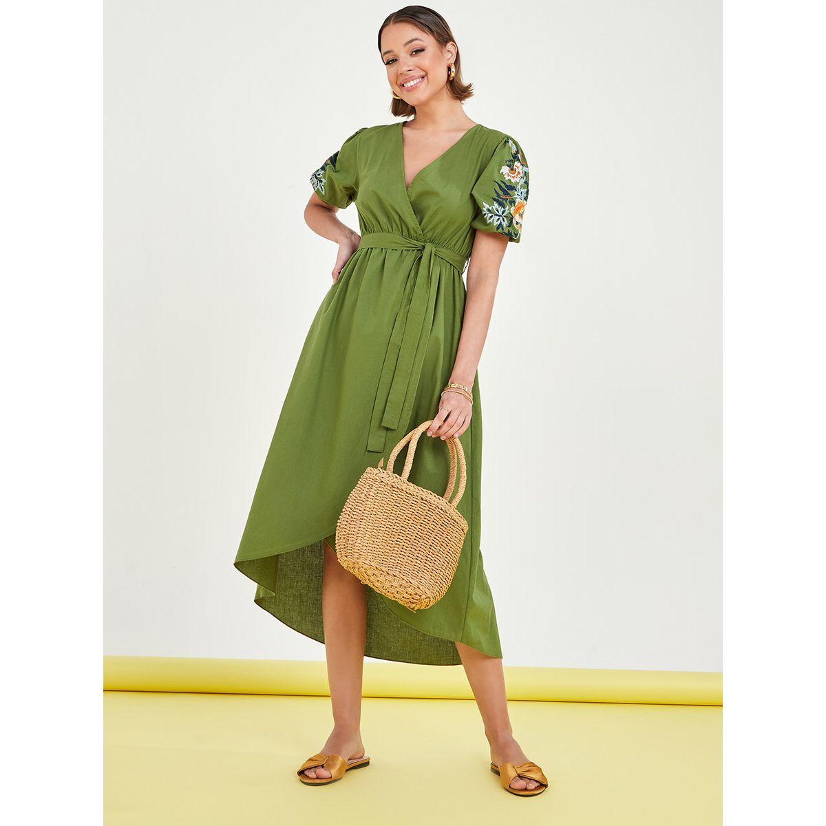 Styli Short Sleeves Embroidered Asymmetric Hem Wrap Midi Dress-women-clothing-dresses-image-1