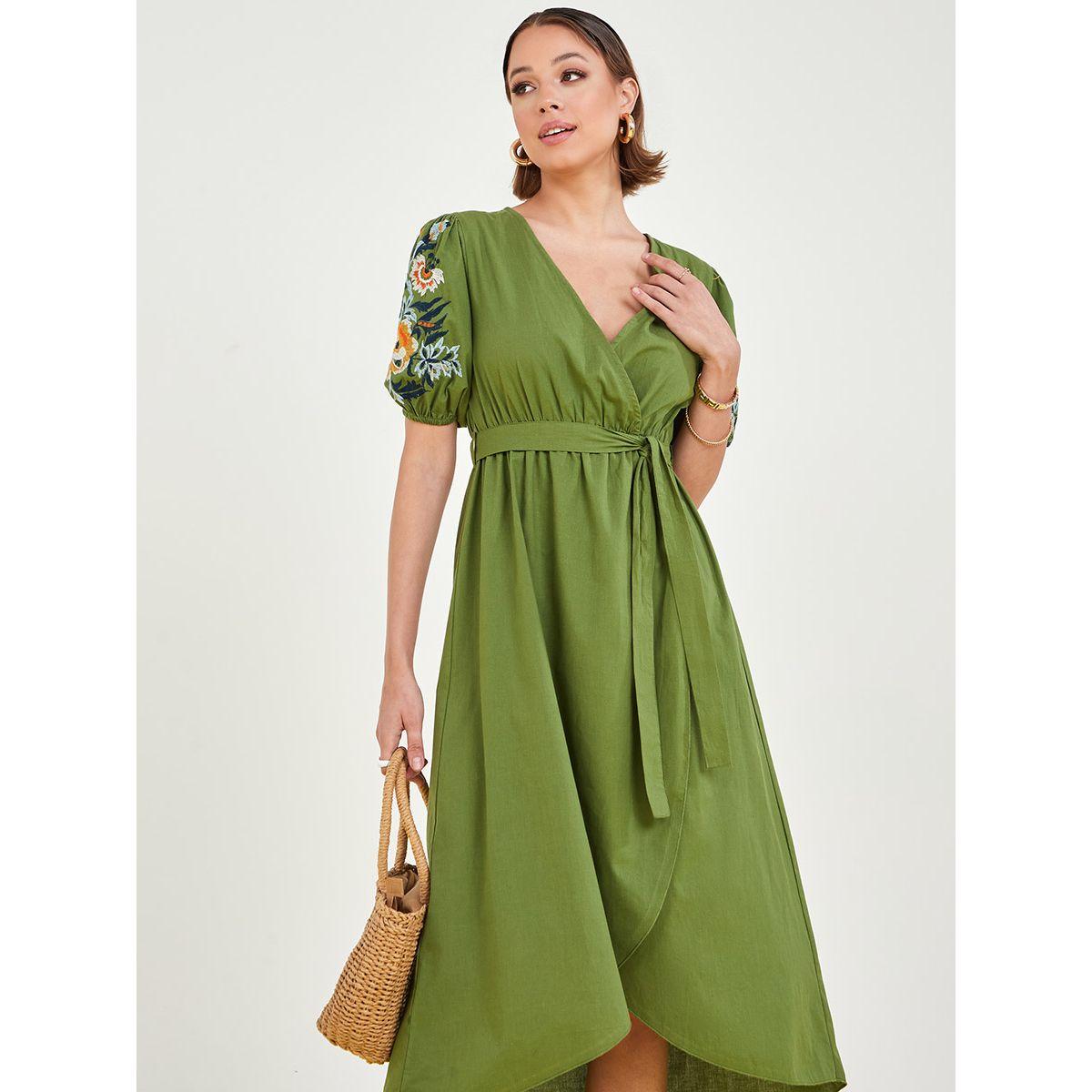 Styli Short Sleeves Embroidered Asymmetric Hem Wrap Midi Dress-women-clothing-dresses-image-2