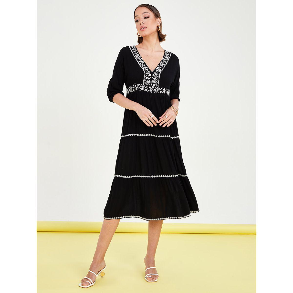 Styli 3/4 Sleeves V Neck Embroidered A-Line Midi Dress-women-clothing-dresses-image-1