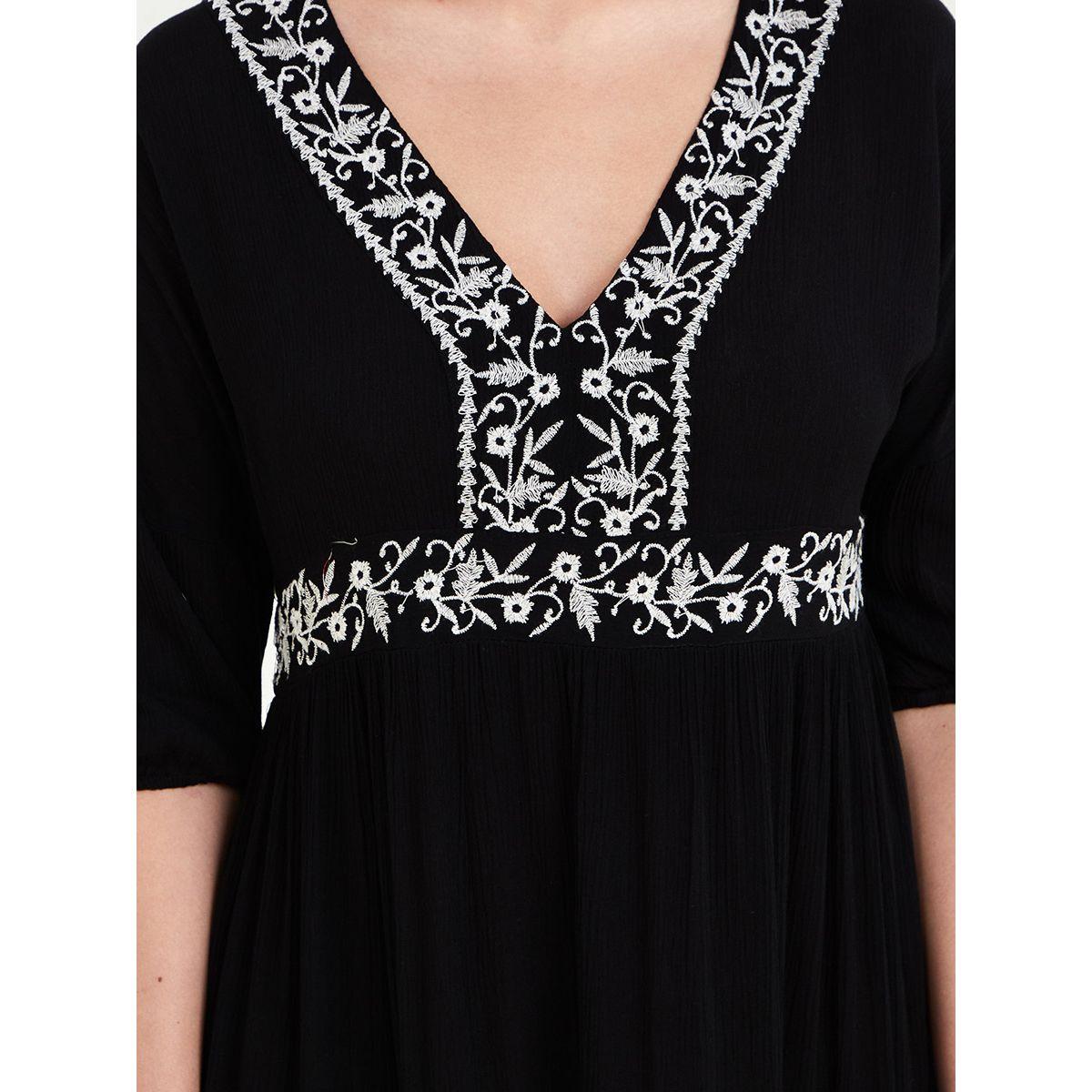 Styli 3/4 Sleeves V Neck Embroidered A-Line Midi Dress-women-clothing-dresses-image-3