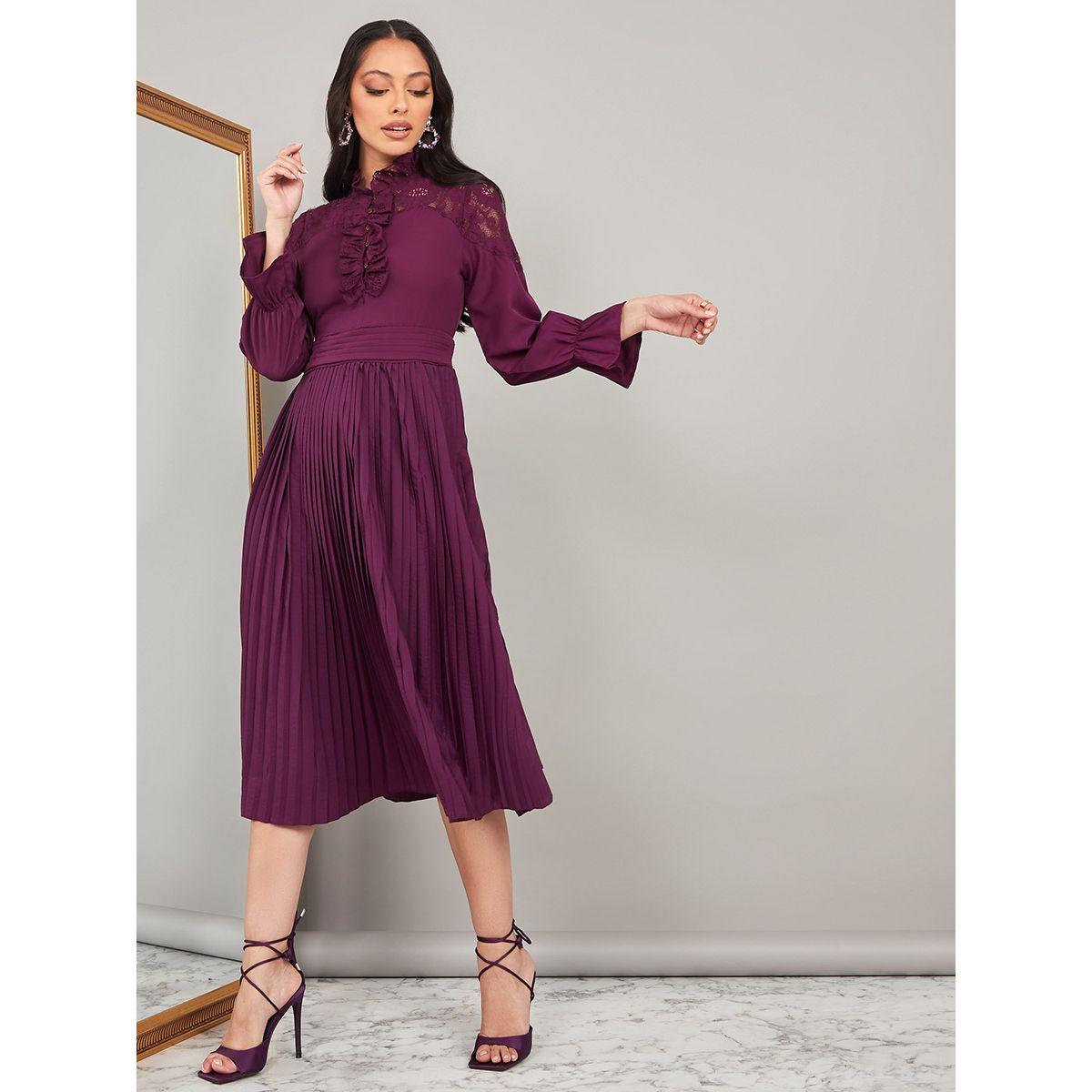 Styli Long Sleeves Lace Insert Pleated A-Line Midi Dress-women-clothing-dresses-image-2