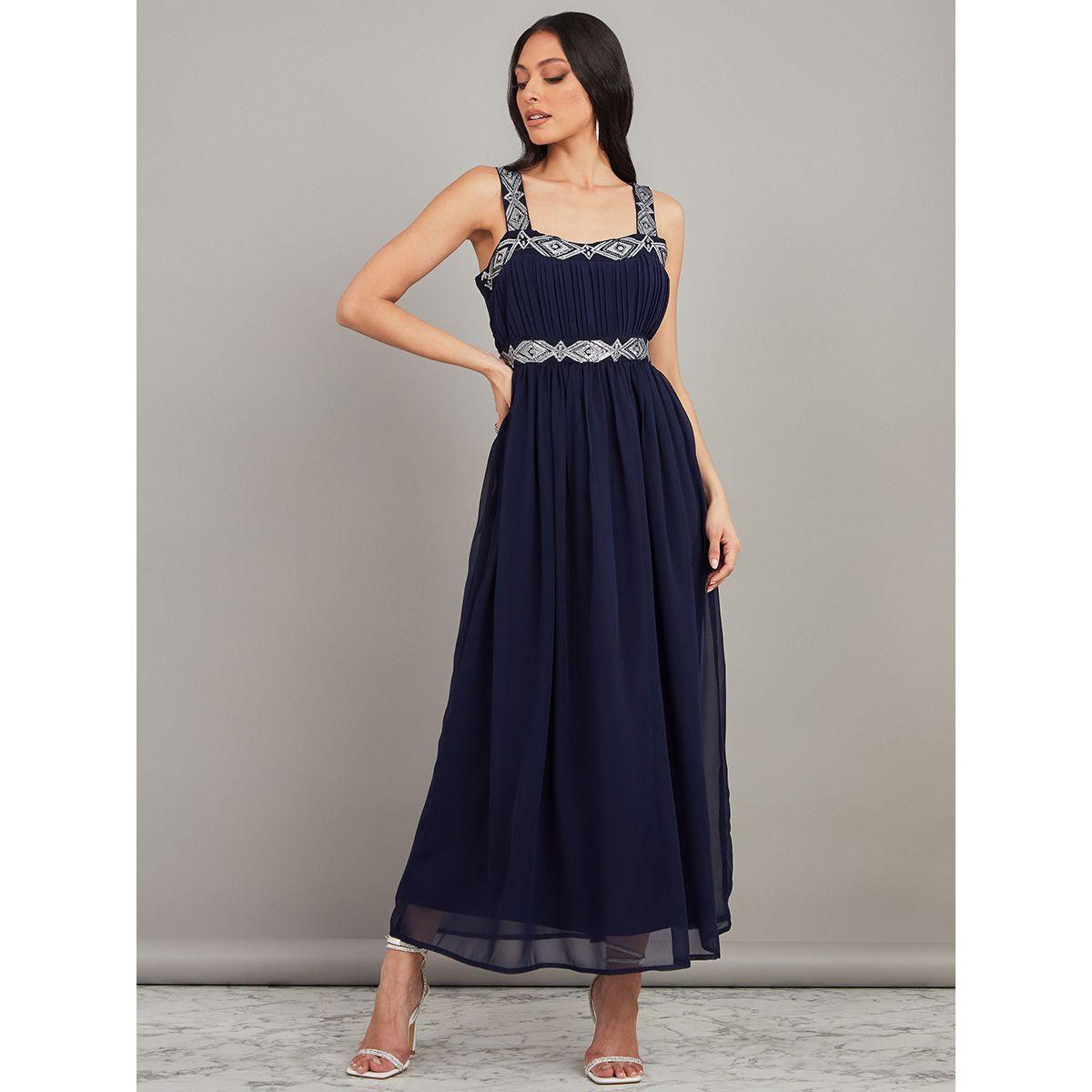 Styli Strappy Neck Embellished Pleat Detail A-Line Maxi Dress-women-clothing-dresses-image-1