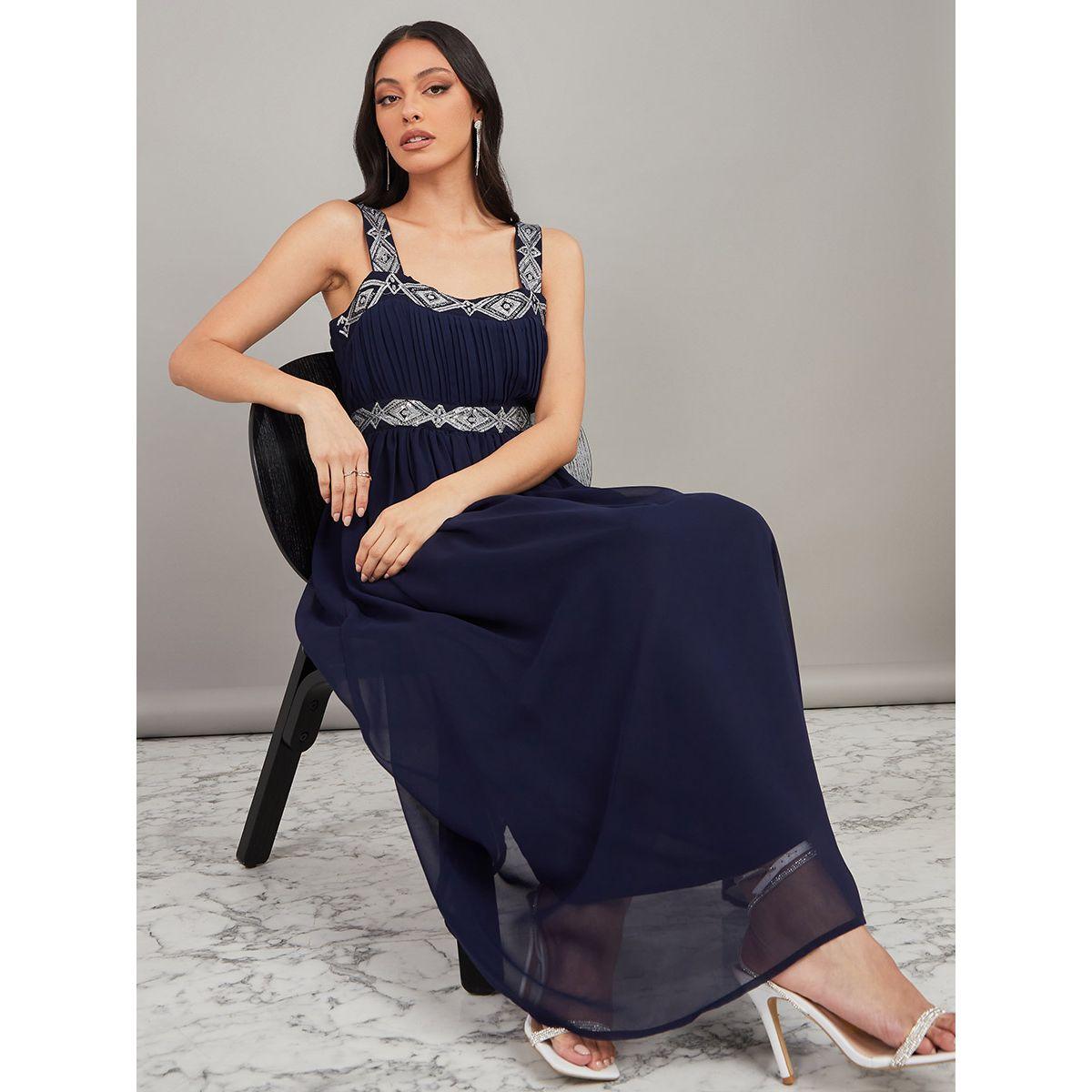 Styli Strappy Neck Embellished Pleat Detail A-Line Maxi Dress-women-clothing-dresses-image-2
