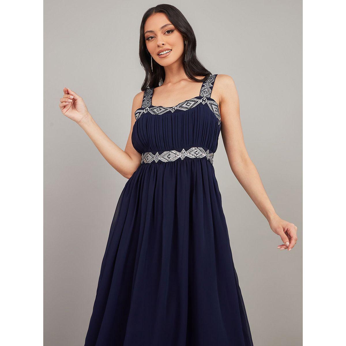 Styli Strappy Neck Embellished Pleat Detail A-Line Maxi Dress-women-clothing-dresses-image-3
