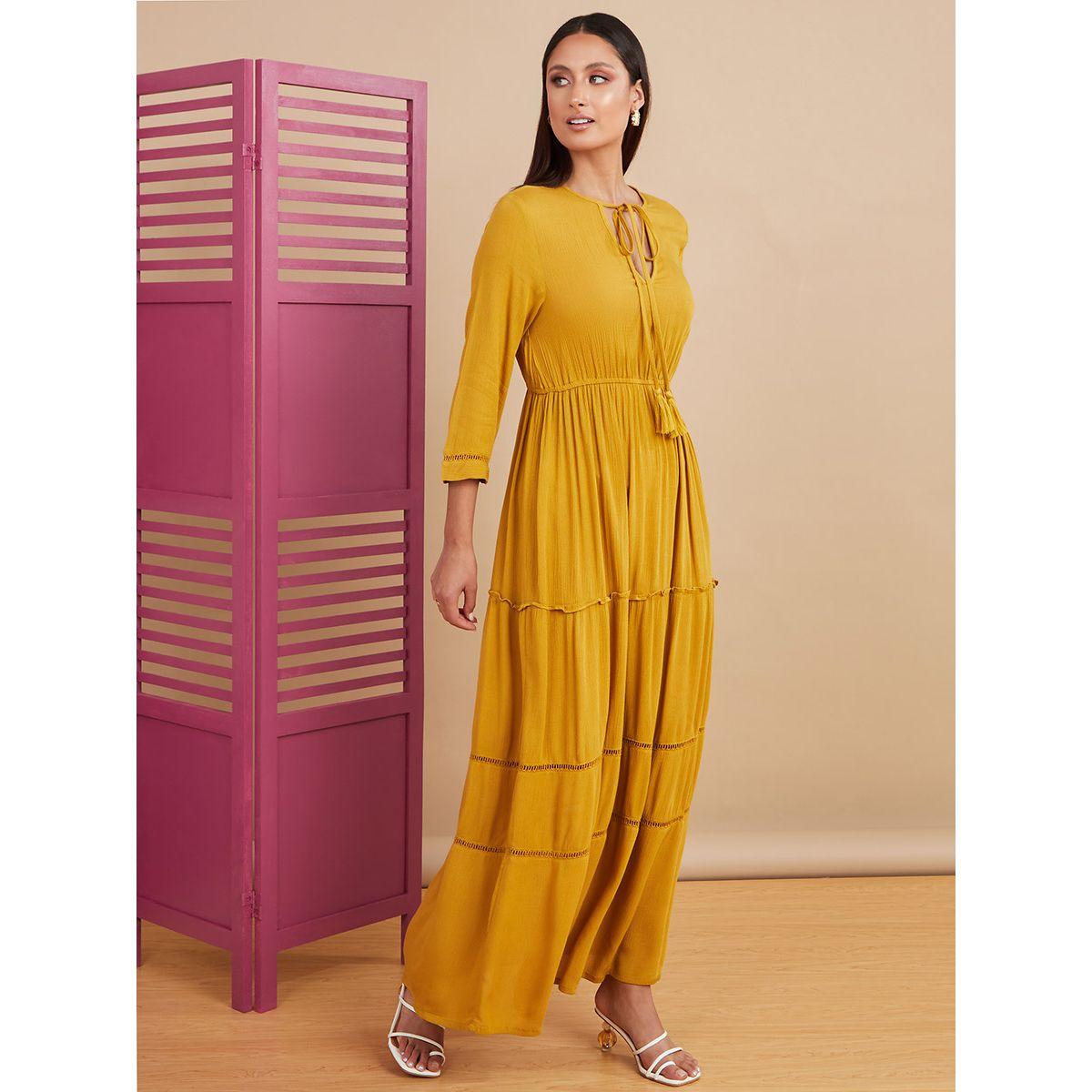 Styli 3/4 Sleeves Tie Up Neck Lace Insert Tiered Maxi Dress-women-clothing-dresses-image-1
