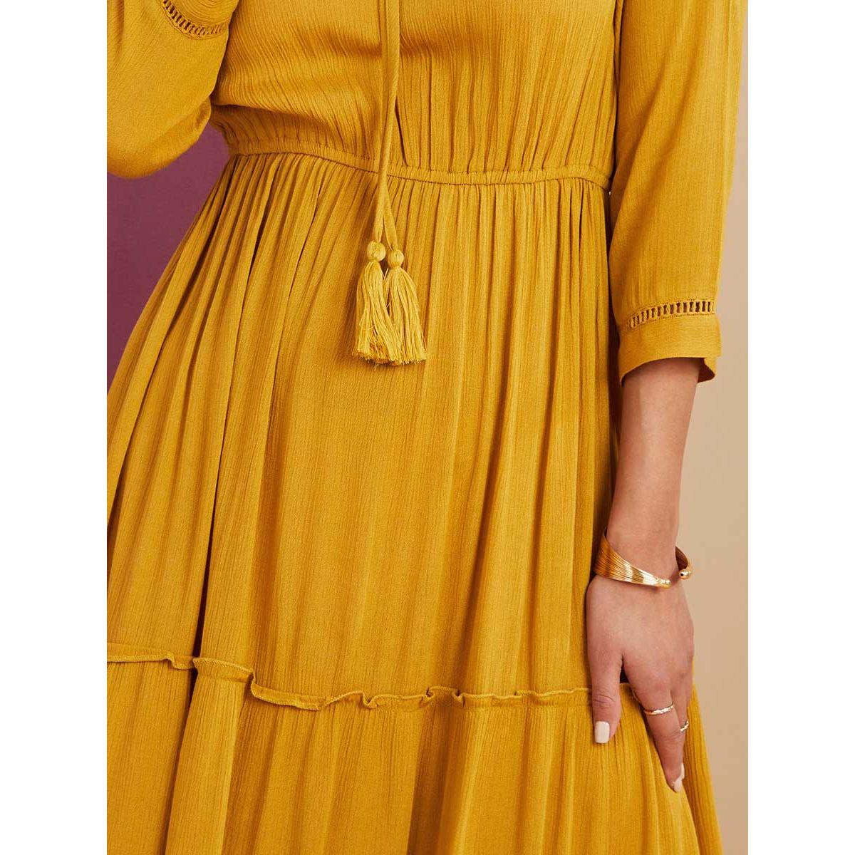 Styli 3/4 Sleeves Tie Up Neck Lace Insert Tiered Maxi Dress-women-clothing-dresses-image-3