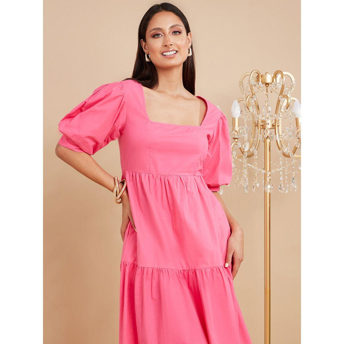 Styli Puff Short Sleeves Square Neck Tiered Midi Dress-women-clothing-dresses-image-2