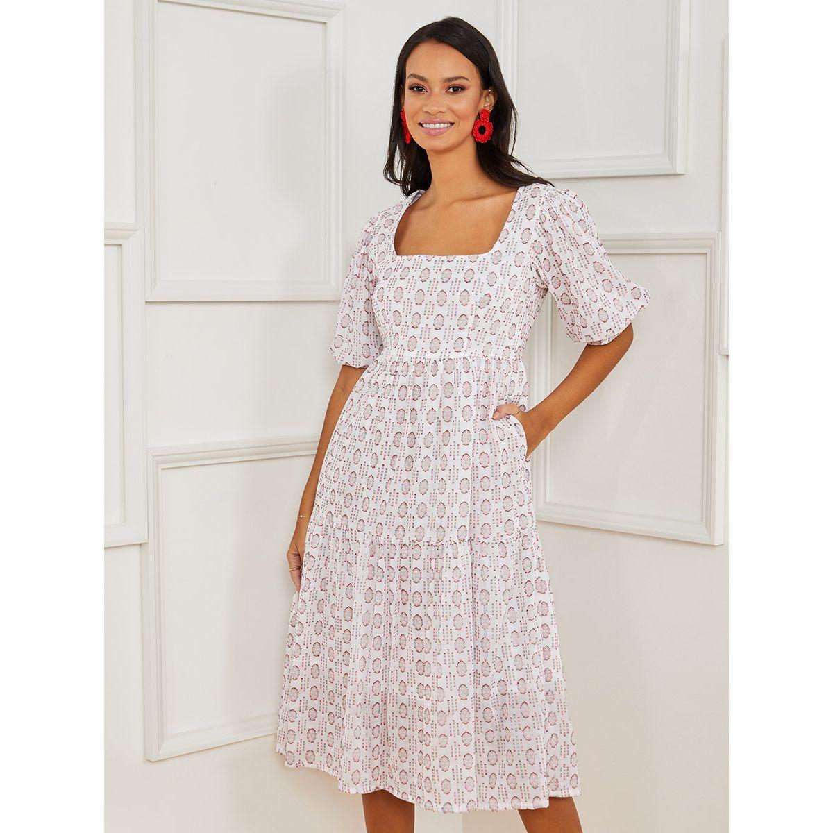 Styli Short Puff Sleeves Embroidered Pattern Tiered Midi Dress-women-clothing-dresses-image-1