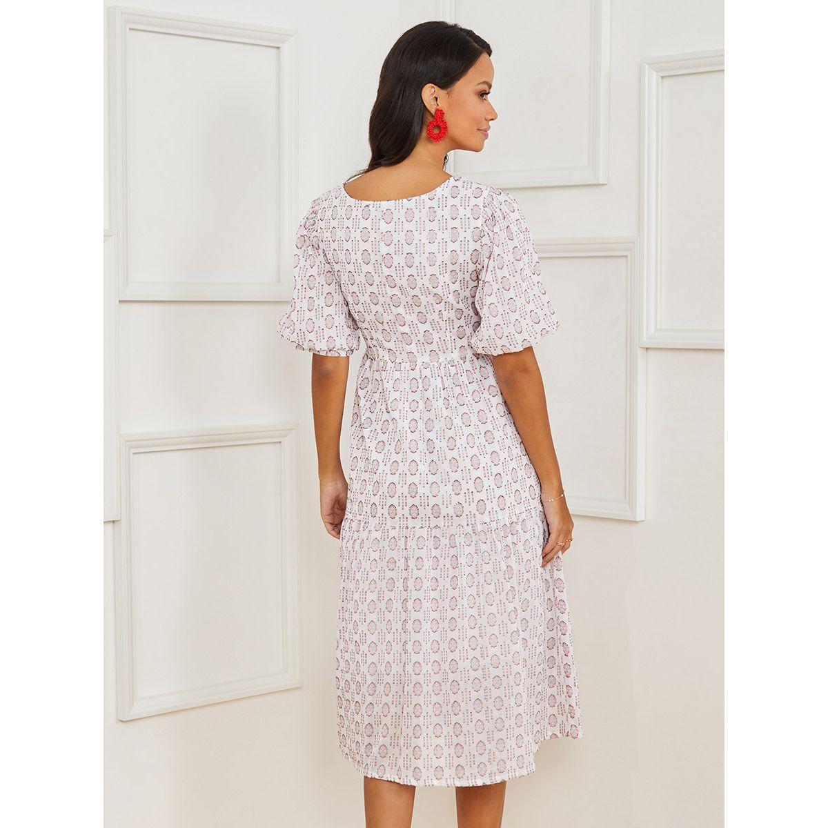 Styli Short Puff Sleeves Embroidered Pattern Tiered Midi Dress-women-clothing-dresses-image-4