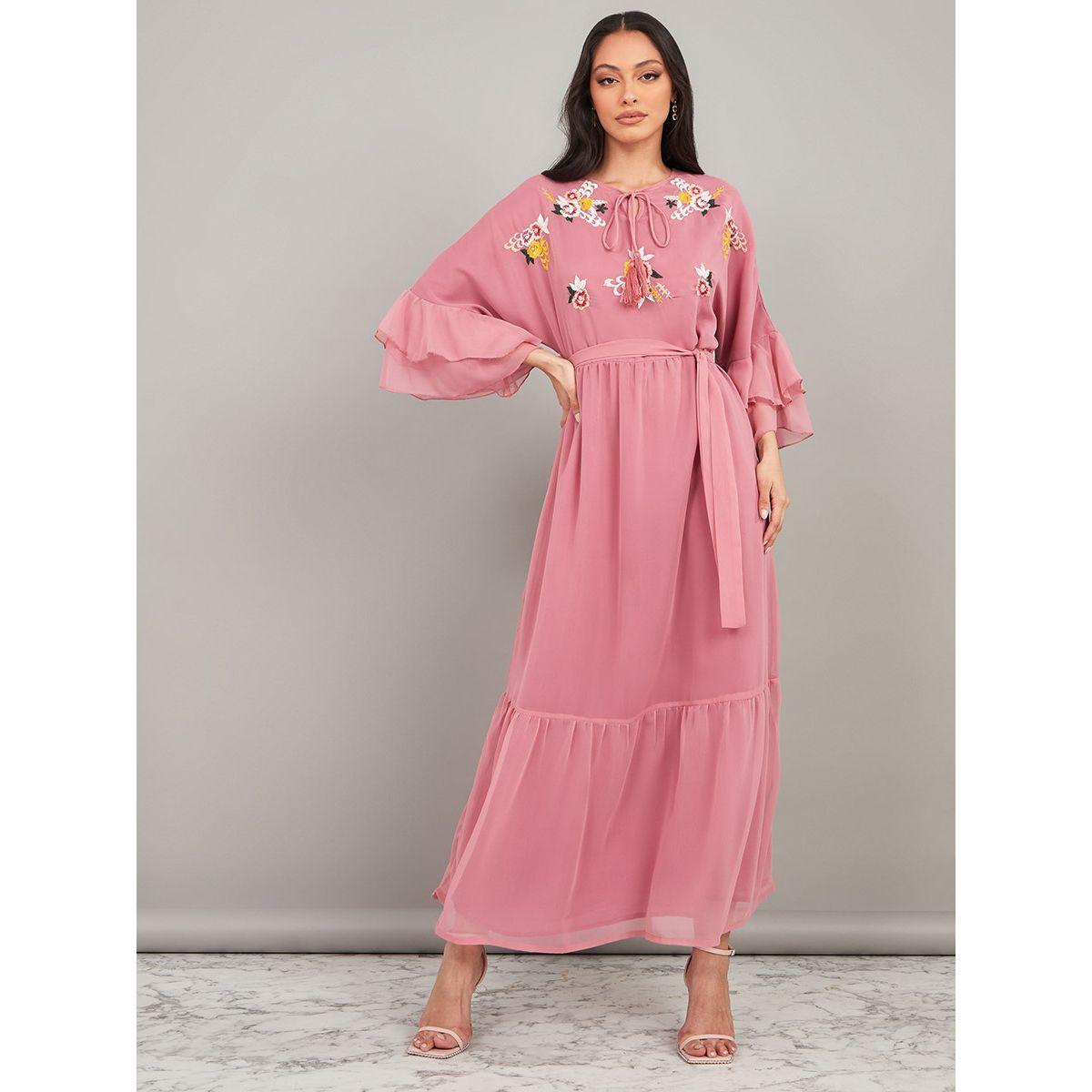 Styli 3/4 Bell Sleeves Embroidered A-Line Maxi Dress with Tie Belt-women-clothing-dresses-image-1