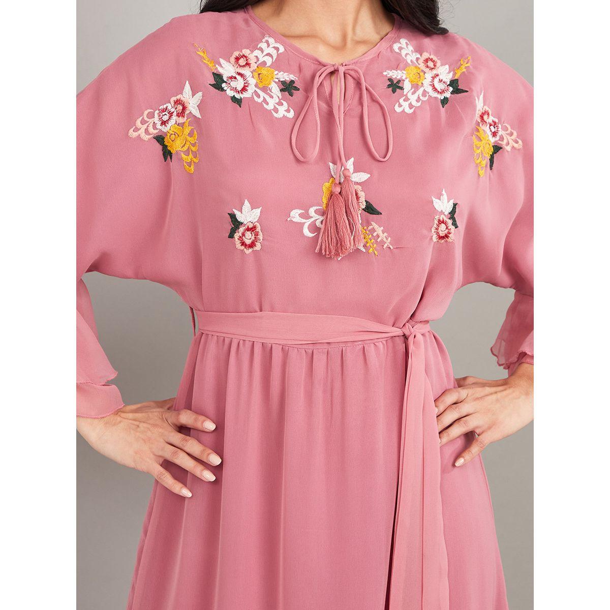 Styli 3/4 Bell Sleeves Embroidered A-Line Maxi Dress with Tie Belt-women-clothing-dresses-image-3