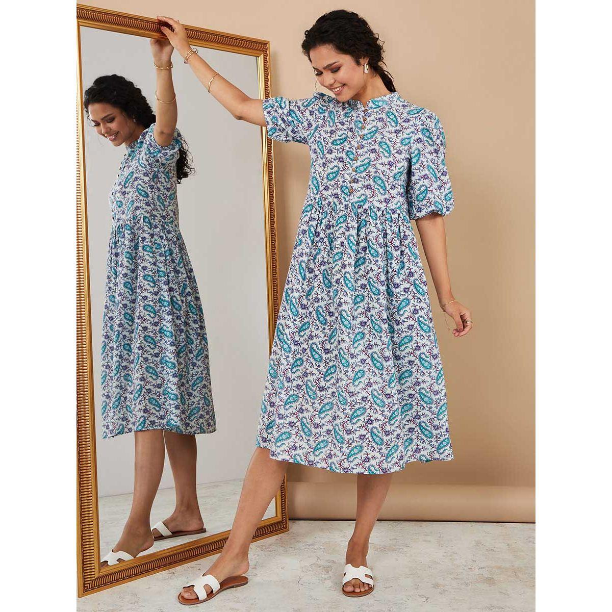 Styli 3/4 Cuffed Sleeves Paisley Print A-Line Midi Dress-women-clothing-dresses-image-1