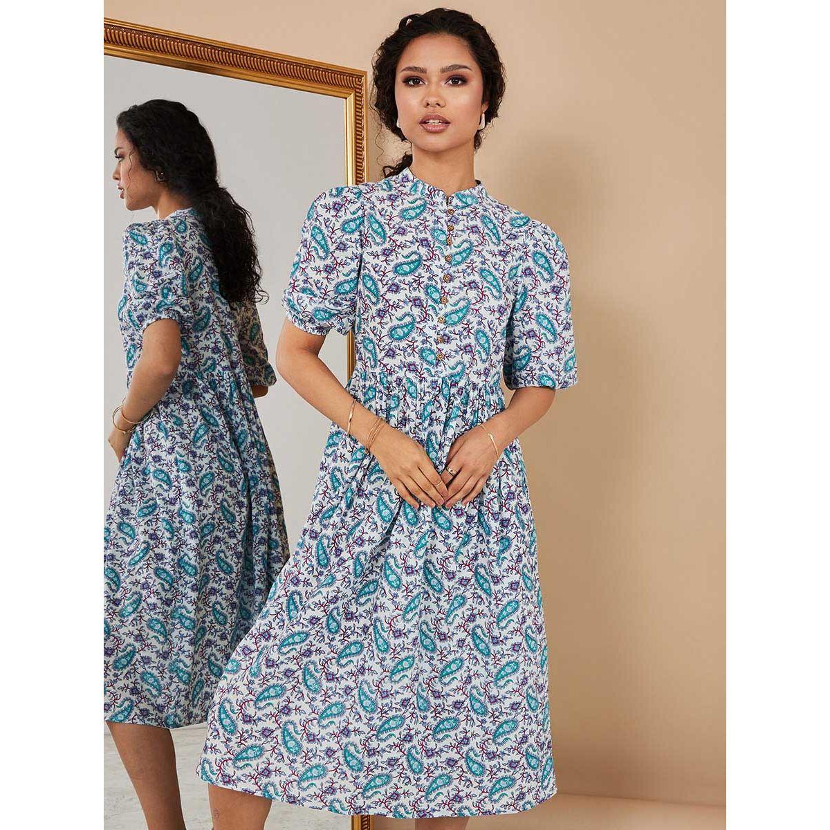 Styli 3/4 Cuffed Sleeves Paisley Print A-Line Midi Dress-women-clothing-dresses-image-2