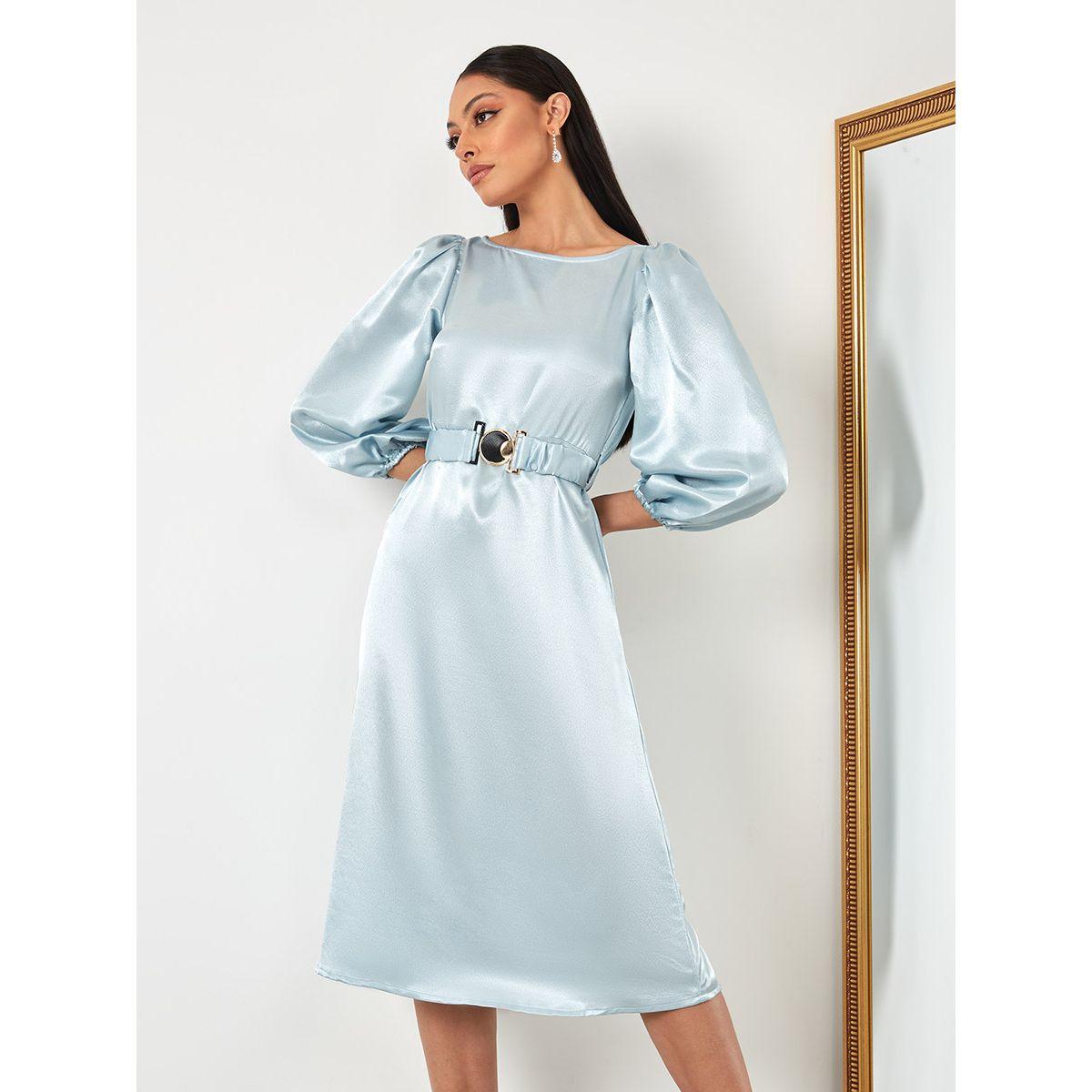 فستان ميدي ساتان بحزام مزموم من ستايلي-women-clothing-dresses-image-1