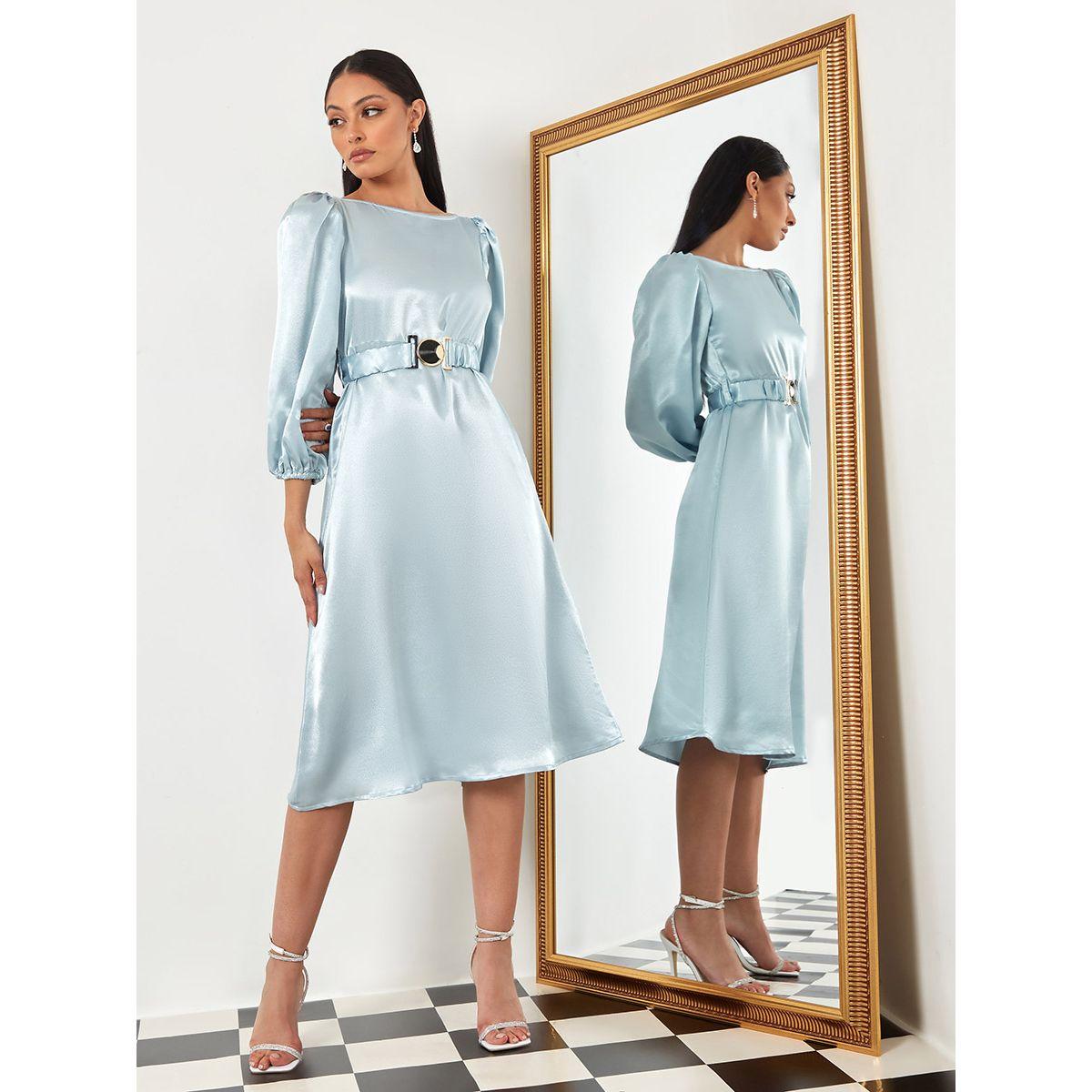 فستان ميدي ساتان بحزام مزموم من ستايلي-women-clothing-dresses-image-2