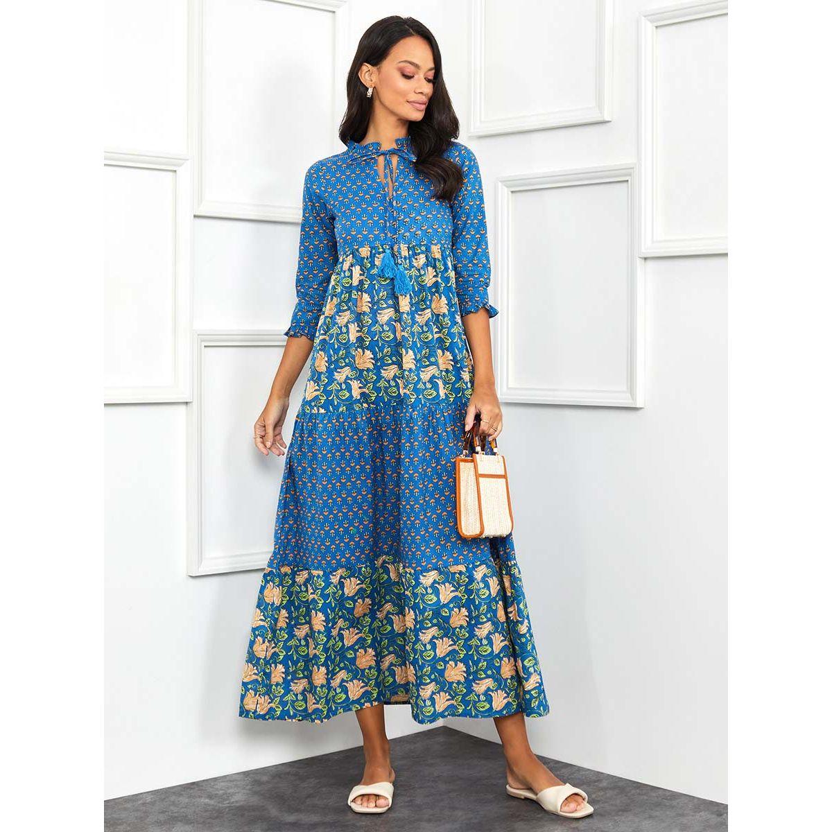 Styli 3/4 Sleeves Tie Up Neck Printed Maxi Dress-women-clothing-dresses-image-1