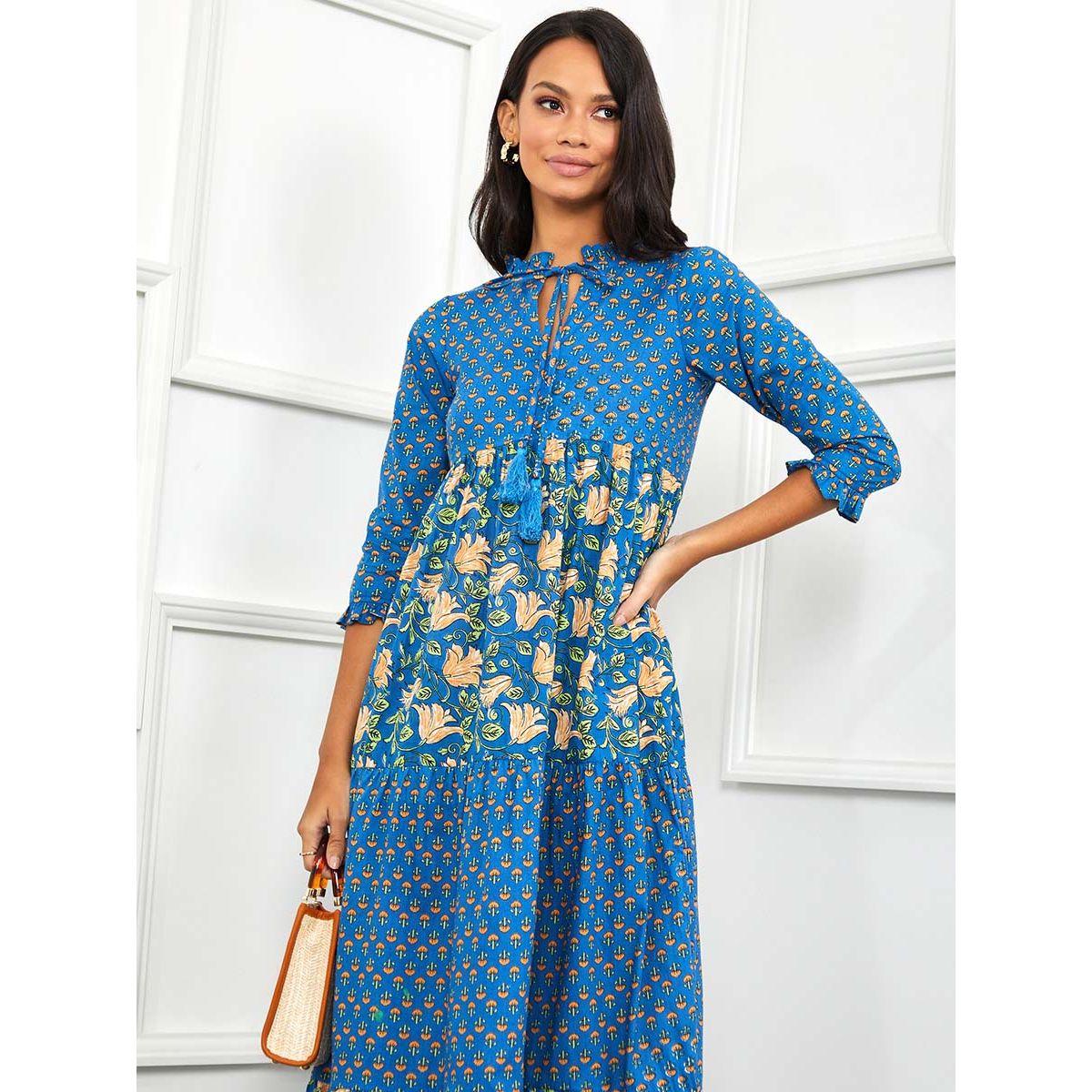 Styli 3/4 Sleeves Tie Up Neck Printed Maxi Dress-women-clothing-dresses-image-2