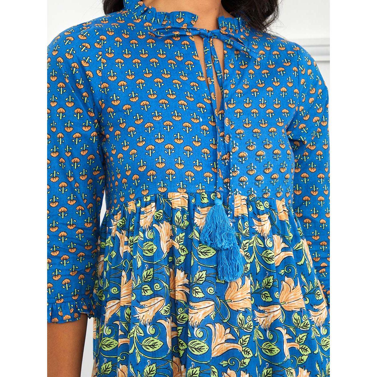 Styli 3/4 Sleeves Tie Up Neck Printed Maxi Dress-women-clothing-dresses-image-3