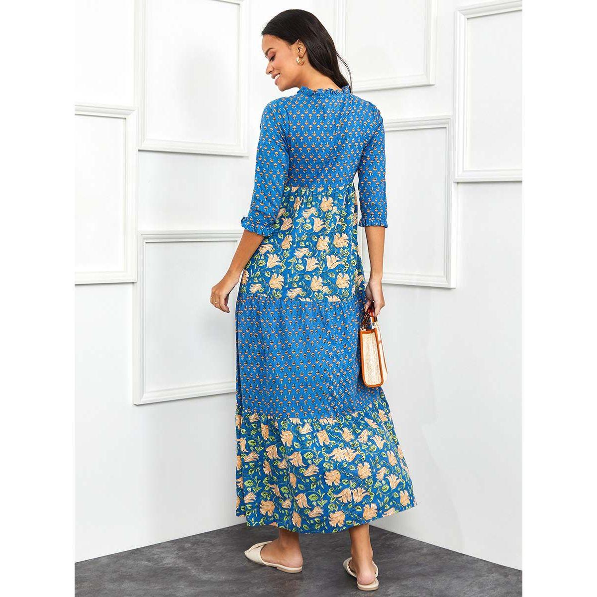 Styli 3/4 Sleeves Tie Up Neck Printed Maxi Dress-women-clothing-dresses-image-4