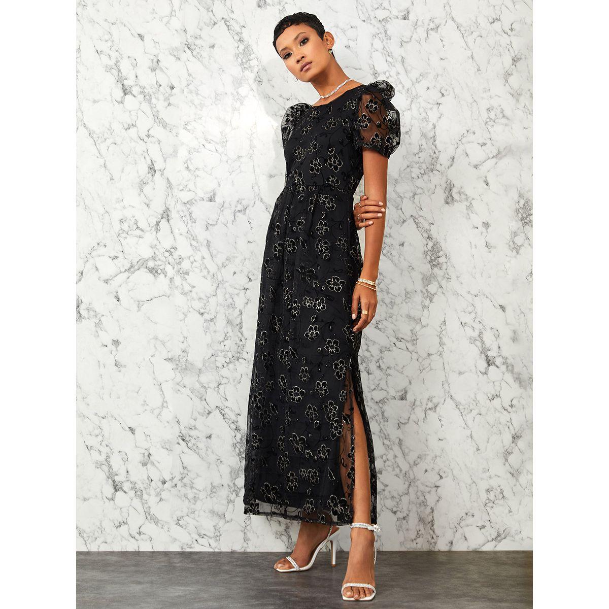 Styli Puff Sleeves Floral Mesh Insert A-Line Maxi Dress with Split Hem-women-clothing-dresses-image-1