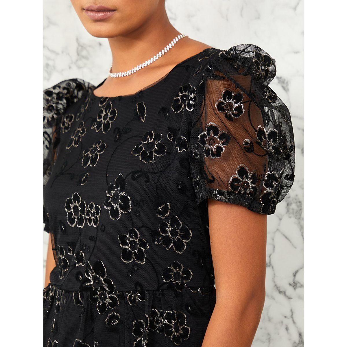 Styli Puff Sleeves Floral Mesh Insert A-Line Maxi Dress with Split Hem-women-clothing-dresses-image-3