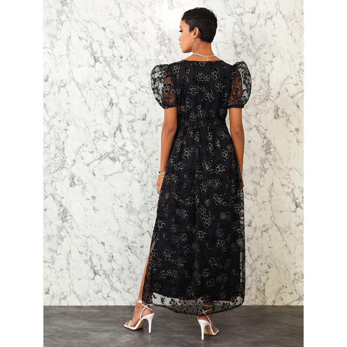 Styli Puff Sleeves Floral Mesh Insert A-Line Maxi Dress with Split Hem-women-clothing-dresses-image-4