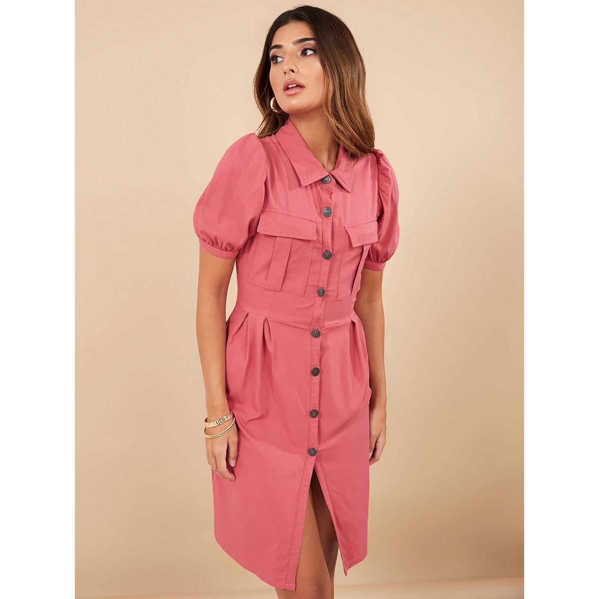 Styli Puff Sleeves Shirt Knee Length Dress with Patch Pocket-women-clothing-dresses-image-1