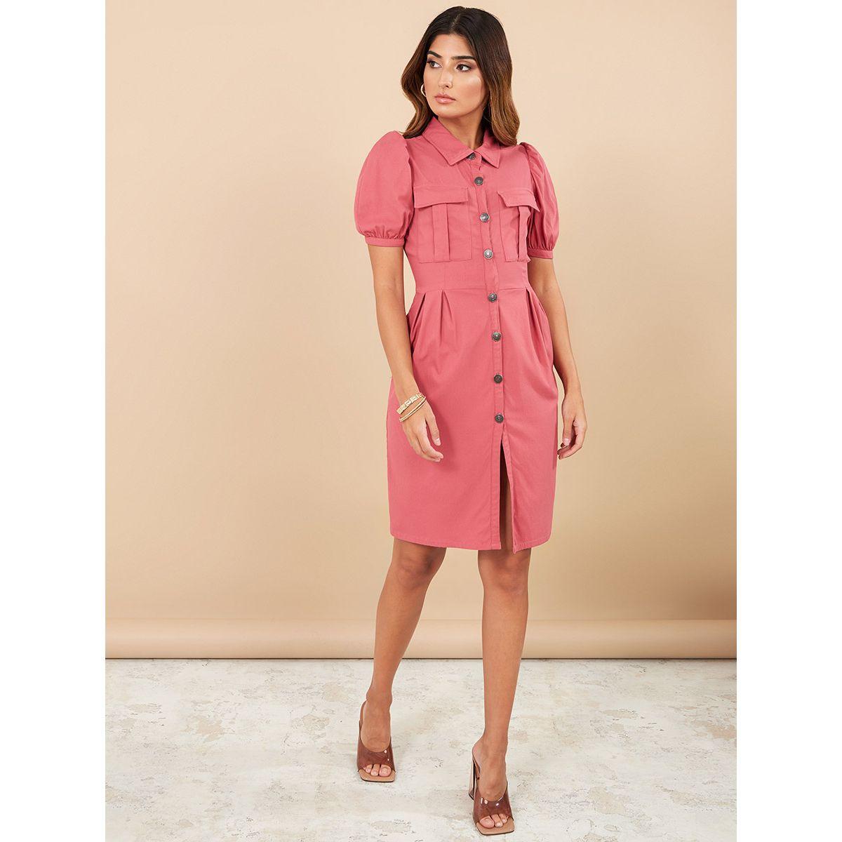 Styli Puff Sleeves Shirt Knee Length Dress with Patch Pocket-women-clothing-dresses-image-2