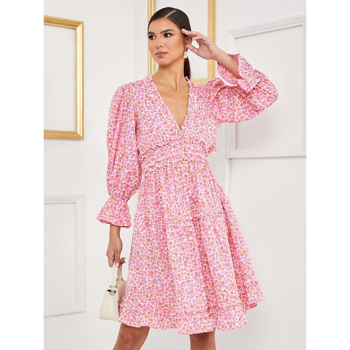 Styli Volume Sleeves Floral Knee Length Dress with Ruffle Detail-women-clothing-dresses-image-2