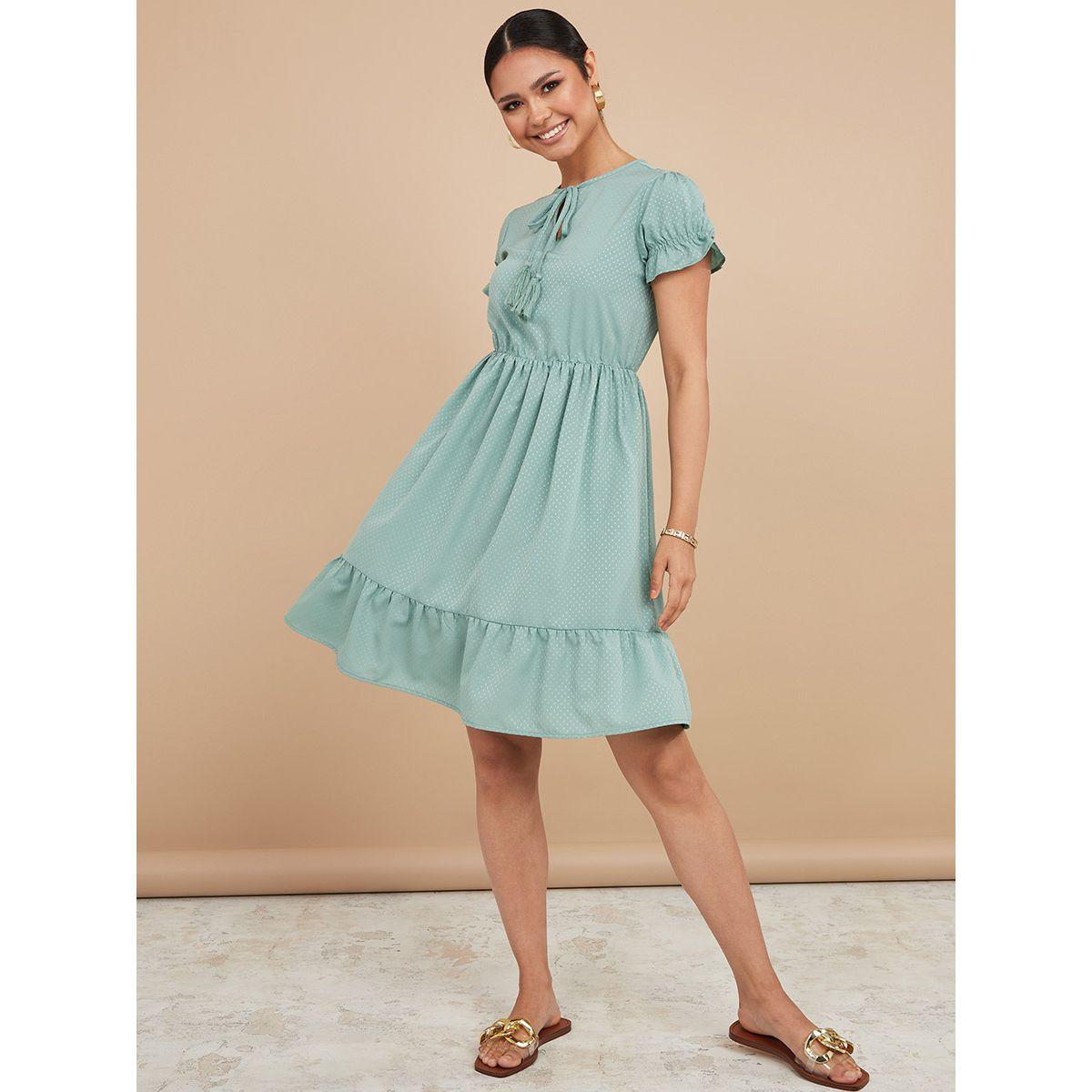 Styli Short Cuffed Sleeves Tie-Up Neck Spots A-Line Knee Length Dress-women-clothing-dresses-image-2