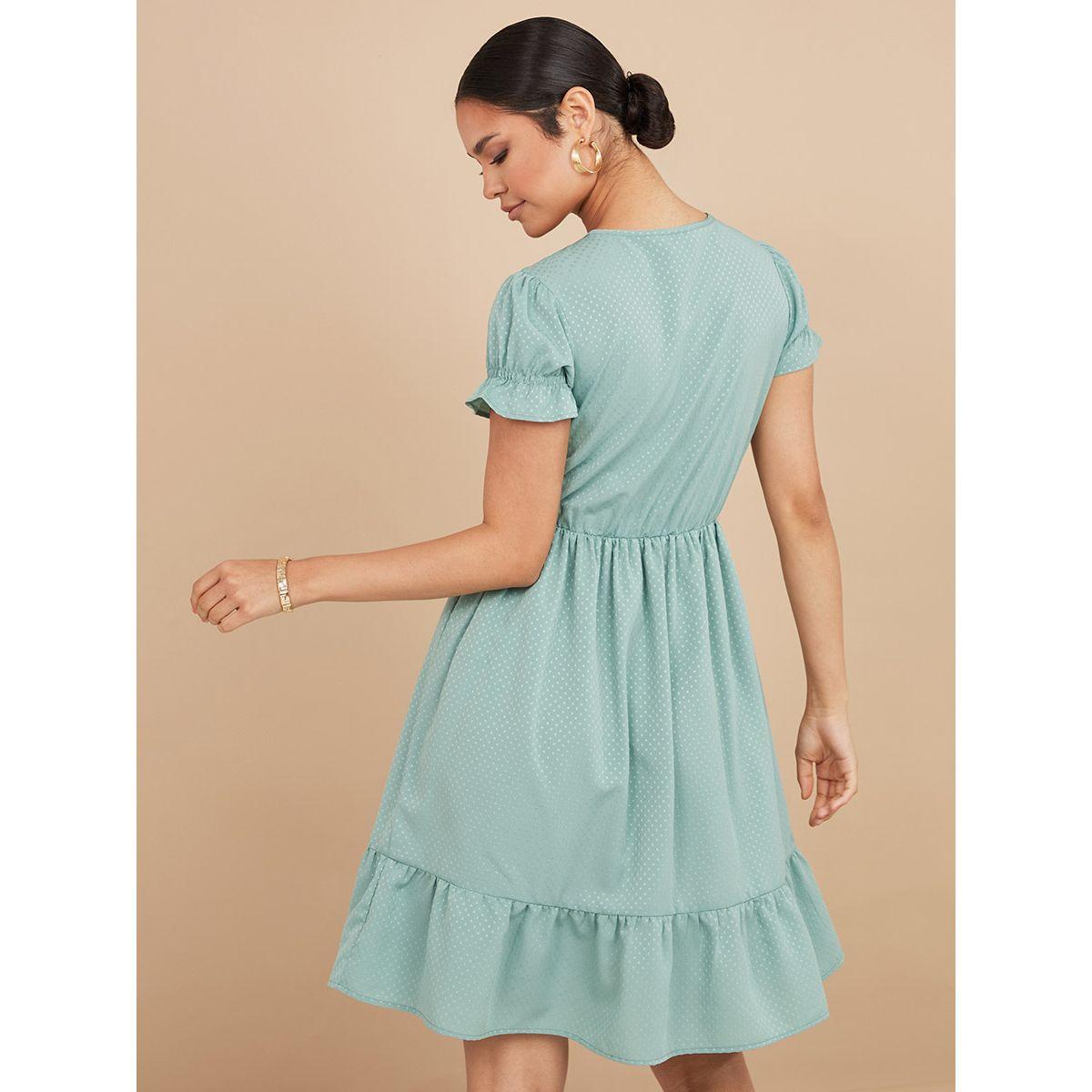 Styli Short Cuffed Sleeves Tie-Up Neck Spots A-Line Knee Length Dress-women-clothing-dresses-image-5