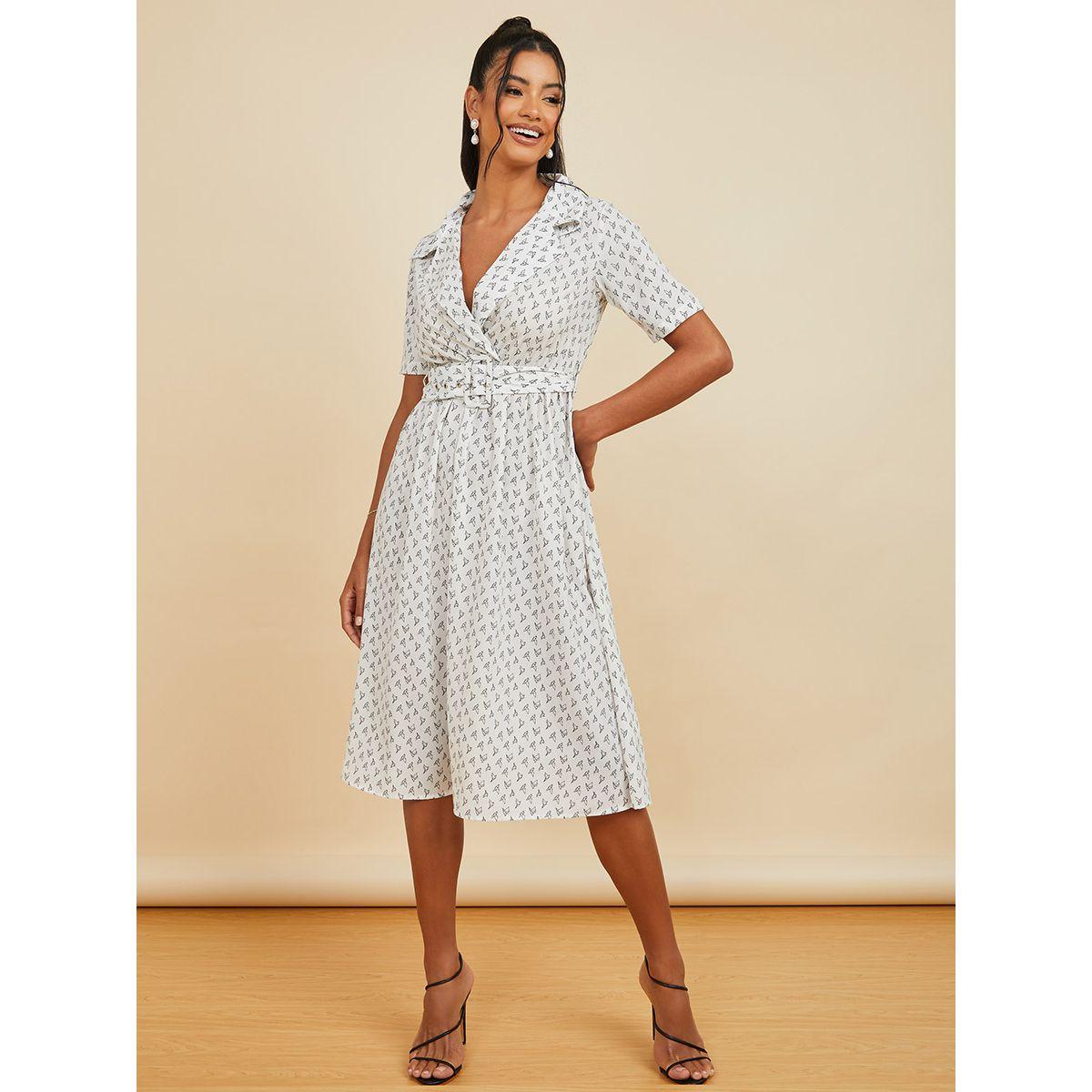 Styli Notch Lapel Origami Bird Print A-Line Midi Dress with Belt-women-clothing-dresses-image-1