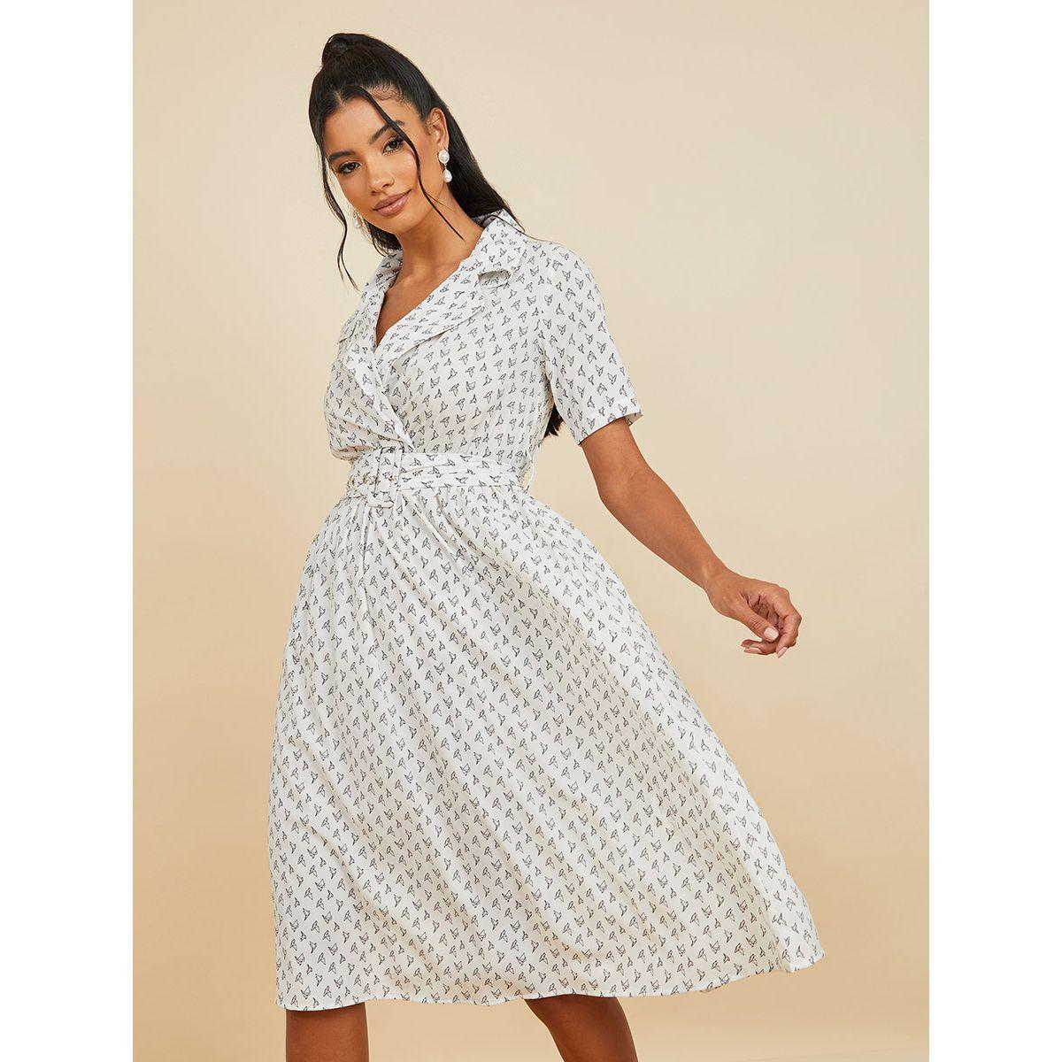 Styli Notch Lapel Origami Bird Print A-Line Midi Dress with Belt-women-clothing-dresses-image-2