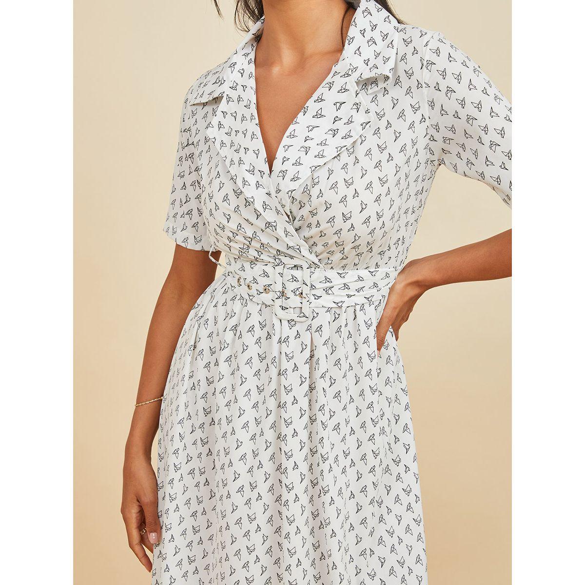 Styli Notch Lapel Origami Bird Print A-Line Midi Dress with Belt-women-clothing-dresses-image-3