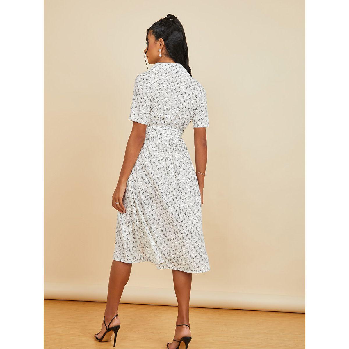 Styli Notch Lapel Origami Bird Print A-Line Midi Dress with Belt-women-clothing-dresses-image-4