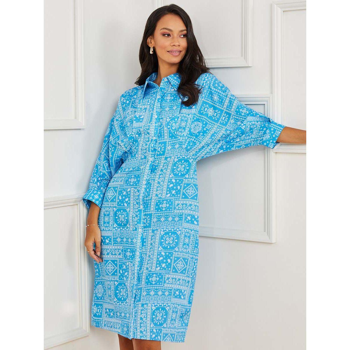 Styli 3/4 Batwing Sleeves Scarf Print Shirt Midi Dress-women-clothing-dresses-image-1