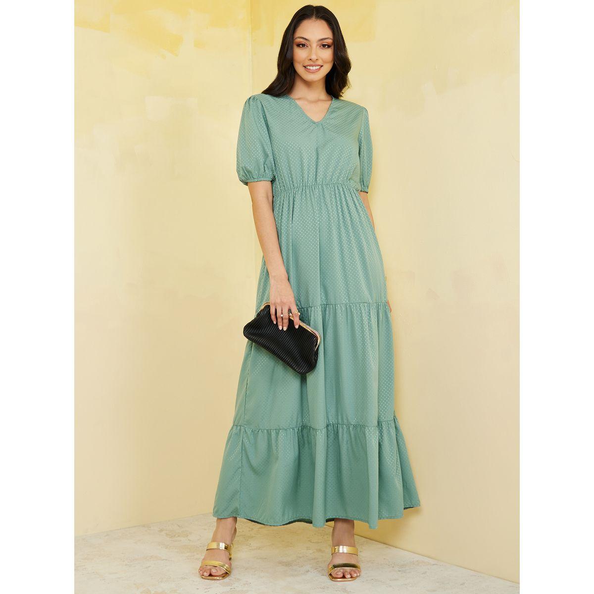 Styli Short Cuffed Sleeves Spot Print V Neck Tiered Maxi Dress-women-clothing-dresses-image-1