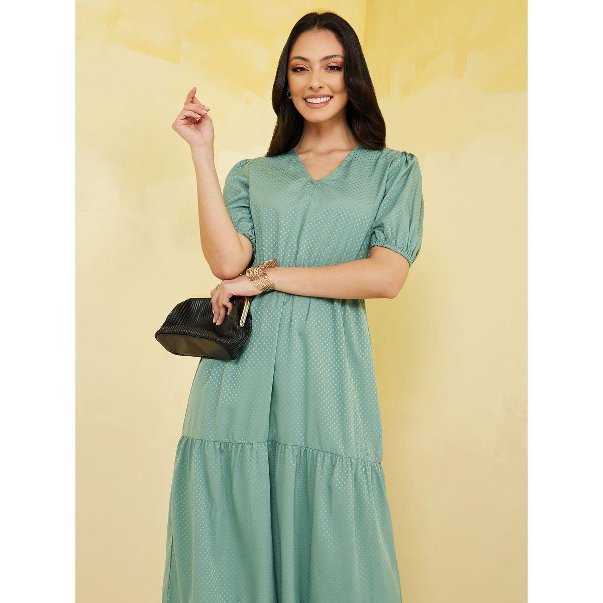 Styli Short Cuffed Sleeves Spot Print V Neck Tiered Maxi Dress-women-clothing-dresses-image-2