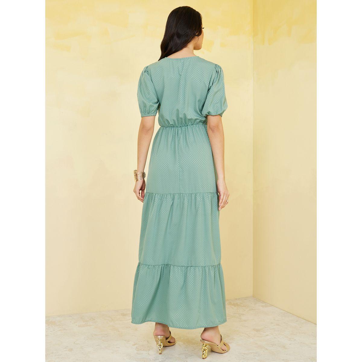 Styli Short Cuffed Sleeves Spot Print V Neck Tiered Maxi Dress-women-clothing-dresses-image-4