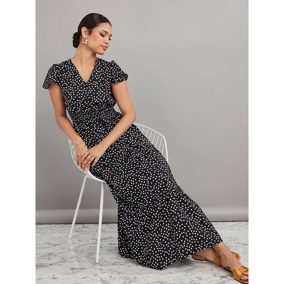 Styli Short Cap Sleeves Polka Dot Print Tiered Maxi Dress-women-clothing-dresses-image-1