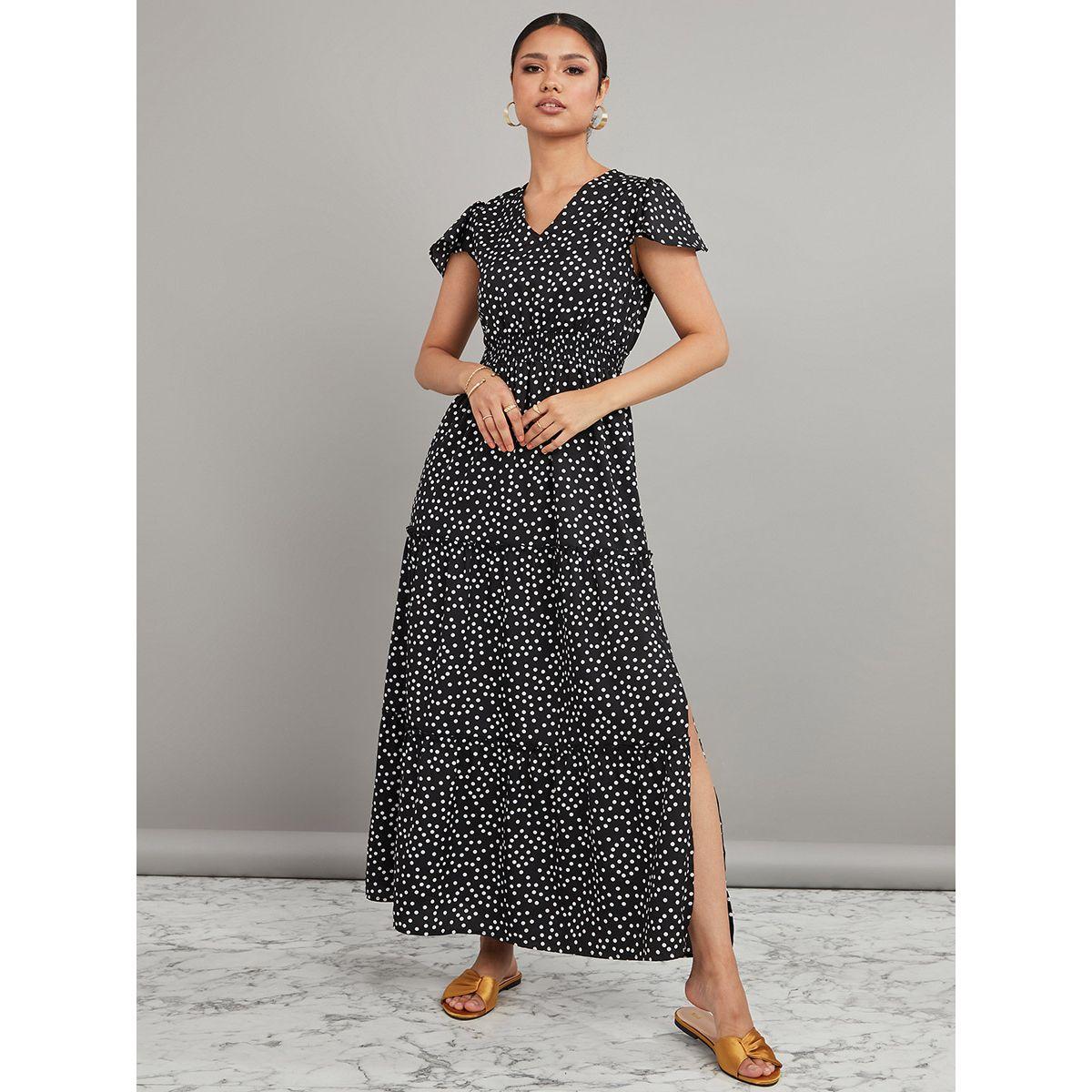 Styli Short Cap Sleeves Polka Dot Print Tiered Maxi Dress-women-clothing-dresses-image-2