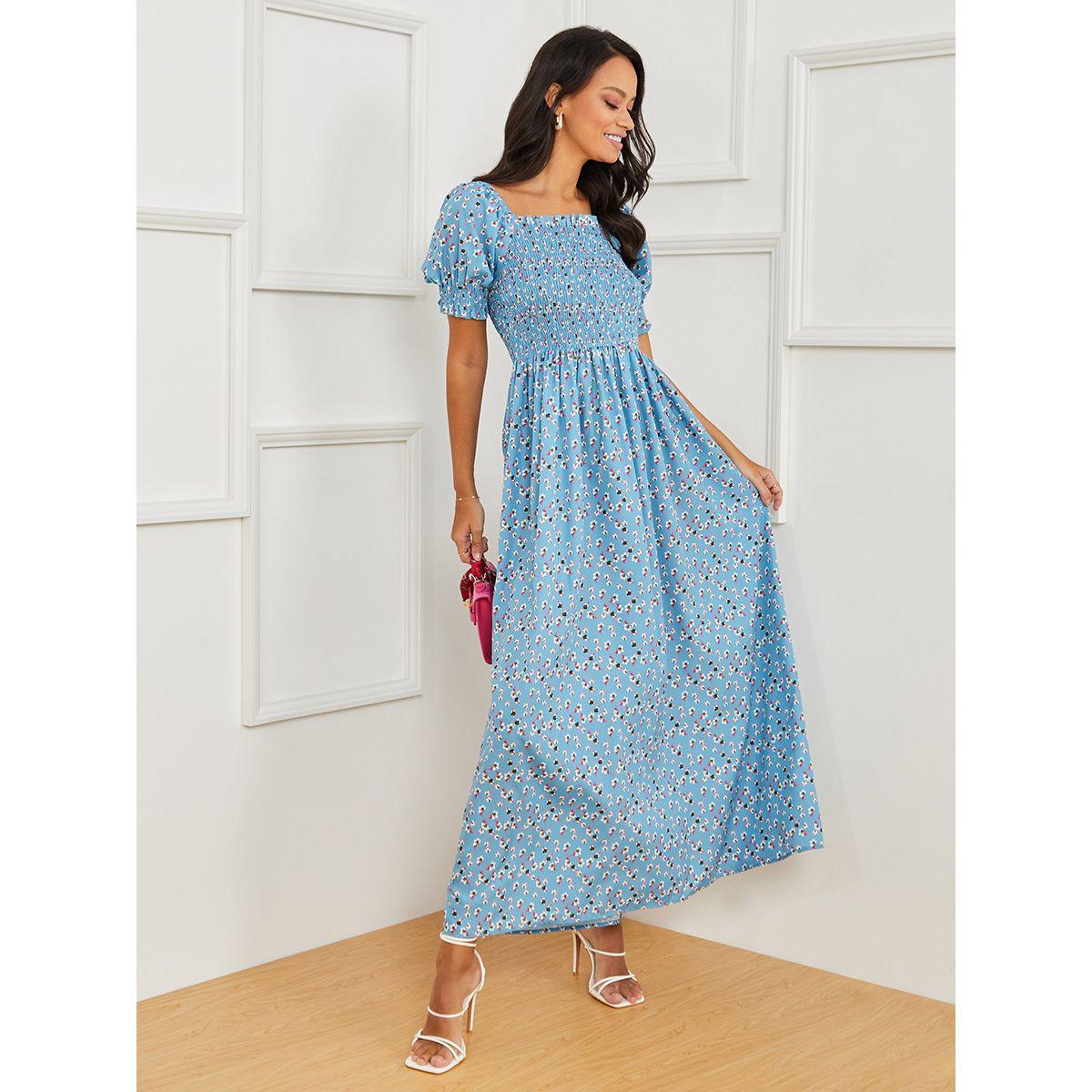 Styli Short Puff Sleeves Floral Print A-Line Maxi Dress-women-clothing-dresses-image-1