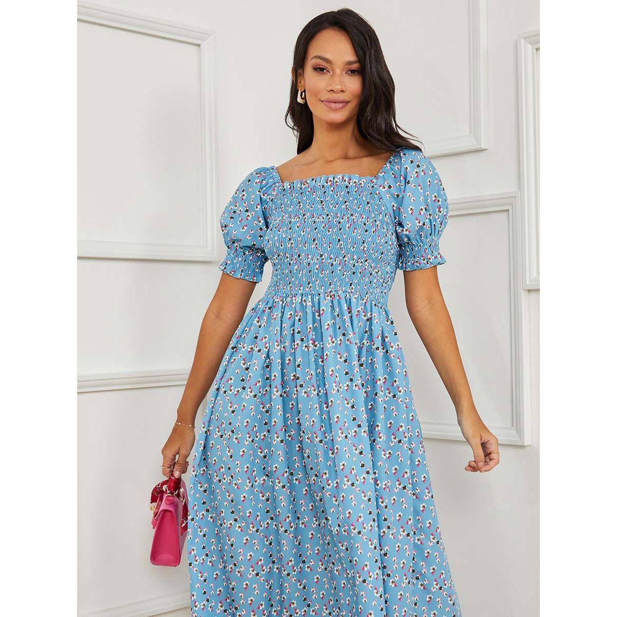 Styli Short Puff Sleeves Floral Print A-Line Maxi Dress-women-clothing-dresses-image-2