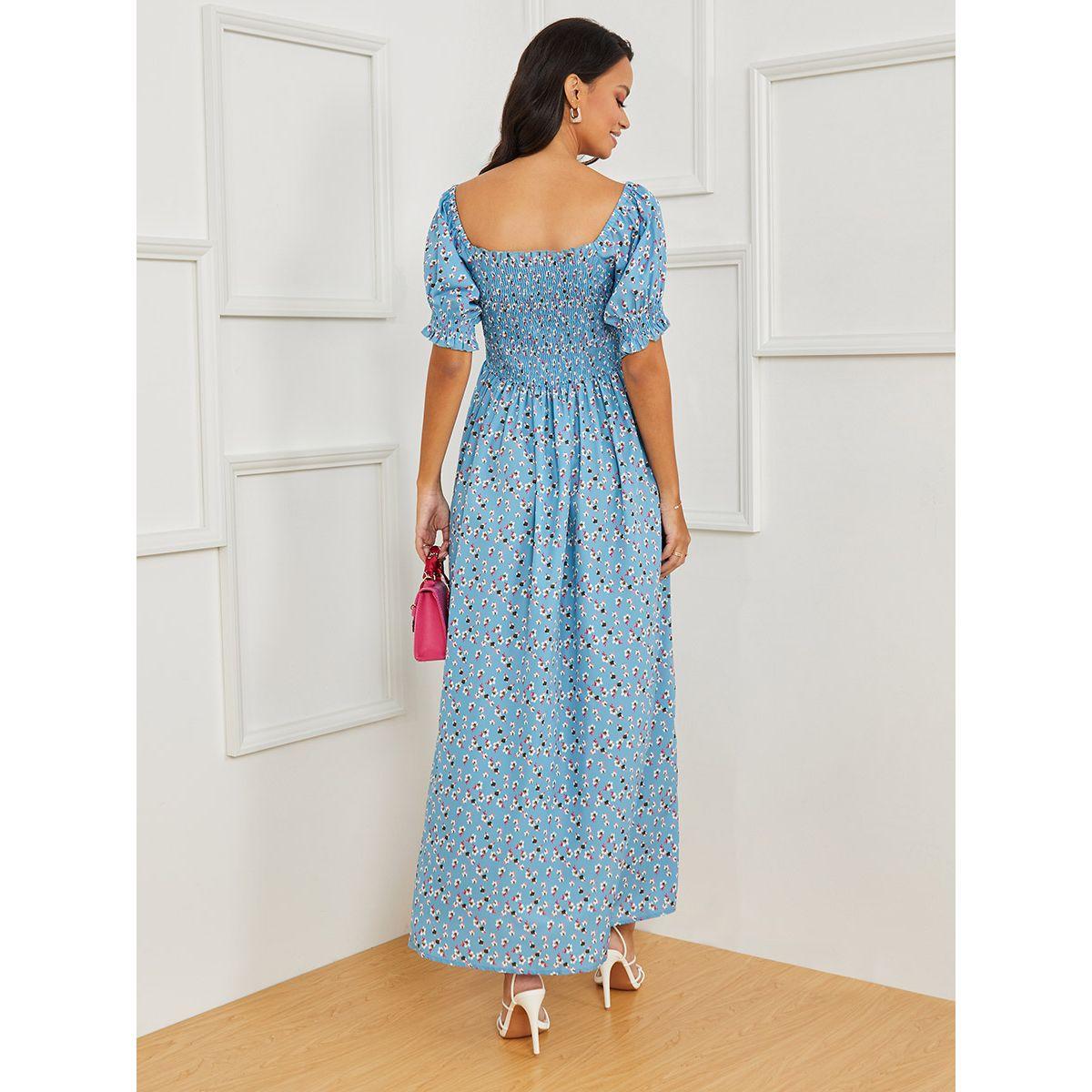 Styli Short Puff Sleeves Floral Print A-Line Maxi Dress-women-clothing-dresses-image-4