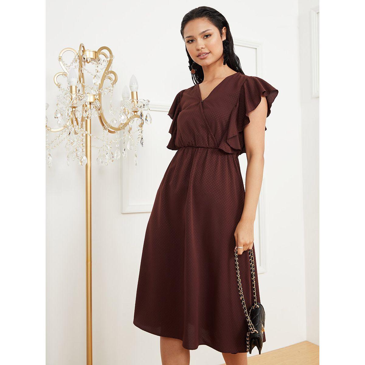 Styli Ruffled Sleeves Spot Pattern Wrap Front Midi Dress-women-clothing-dresses-image-2