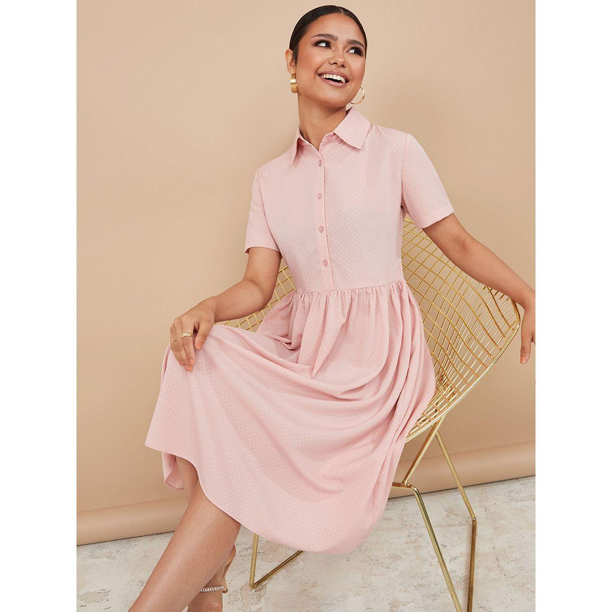 Styli Short Sleeves Spot Pattern Shirt Midi Dress with Buttons-women-clothing-dresses-image-1