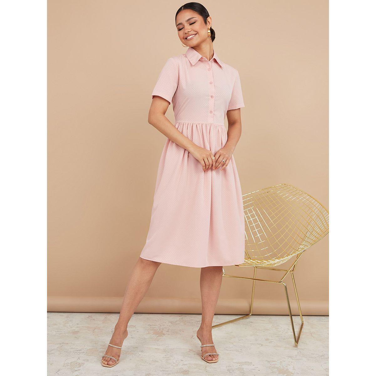 Styli Short Sleeves Spot Pattern Shirt Midi Dress with Buttons-women-clothing-dresses-image-2