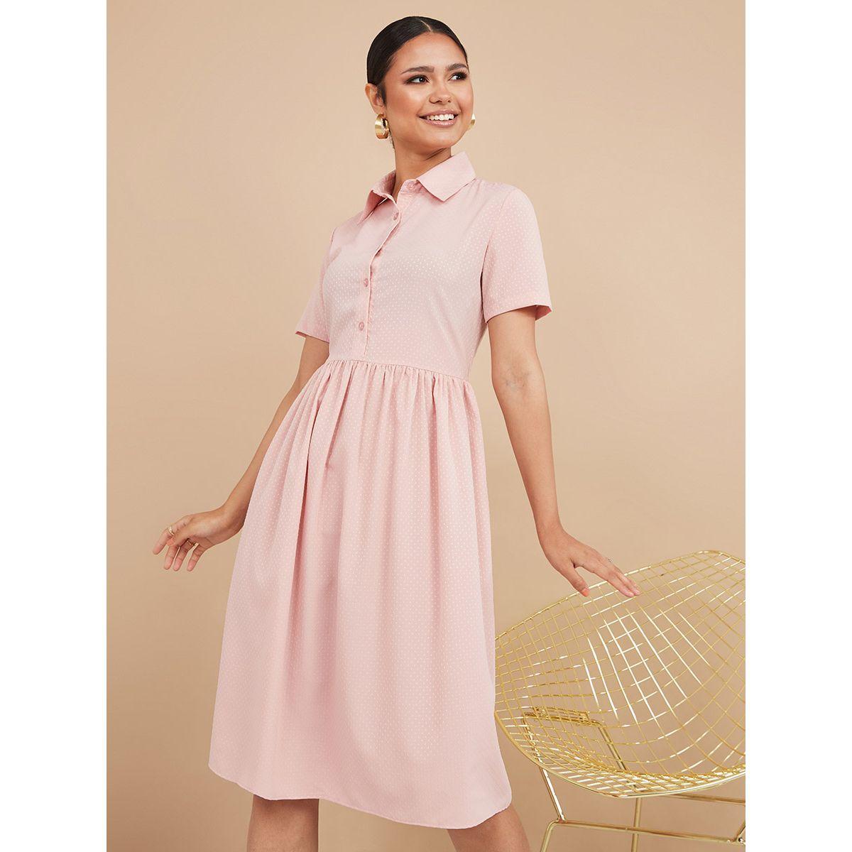 Styli Short Sleeves Spot Pattern Shirt Midi Dress with Buttons-women-clothing-dresses-image-3