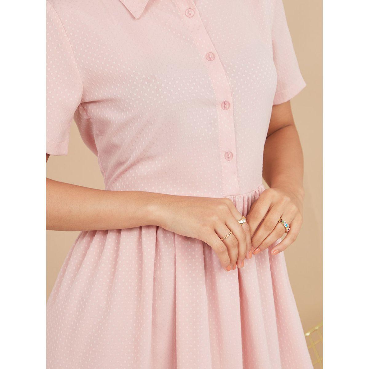Styli Short Sleeves Spot Pattern Shirt Midi Dress with Buttons-women-clothing-dresses-image-4
